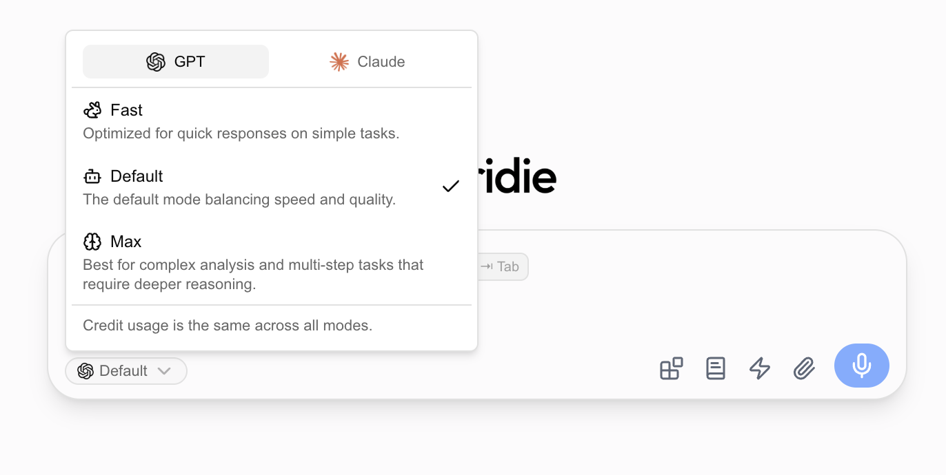 GPT and Claude model selector with Fast, Default, and Max response modes